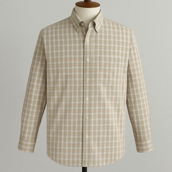 Saddlebred Beige Plaid Long Sleeve Button Up Shirt Men’s XL 100% Cotton - Picture 1 of 9
